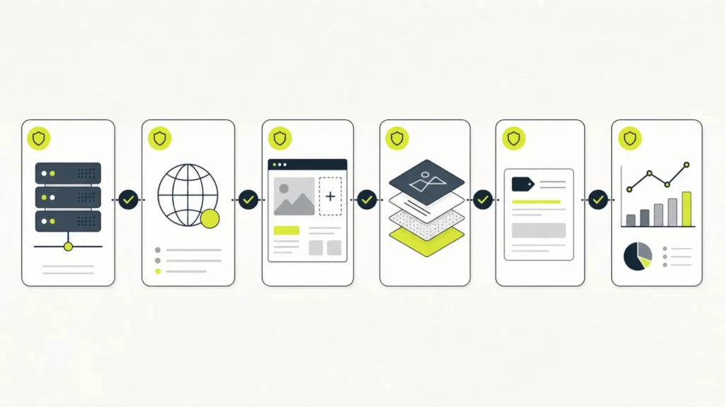 サーバー設定からWordPress、テーマ、計測確認までのブログ構築工程を表した概念図