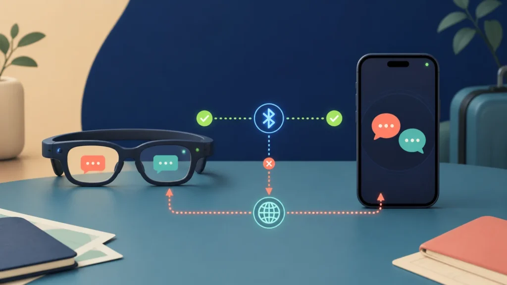 スマートグラスとスマートフォンを使う翻訳の流れのイメージ